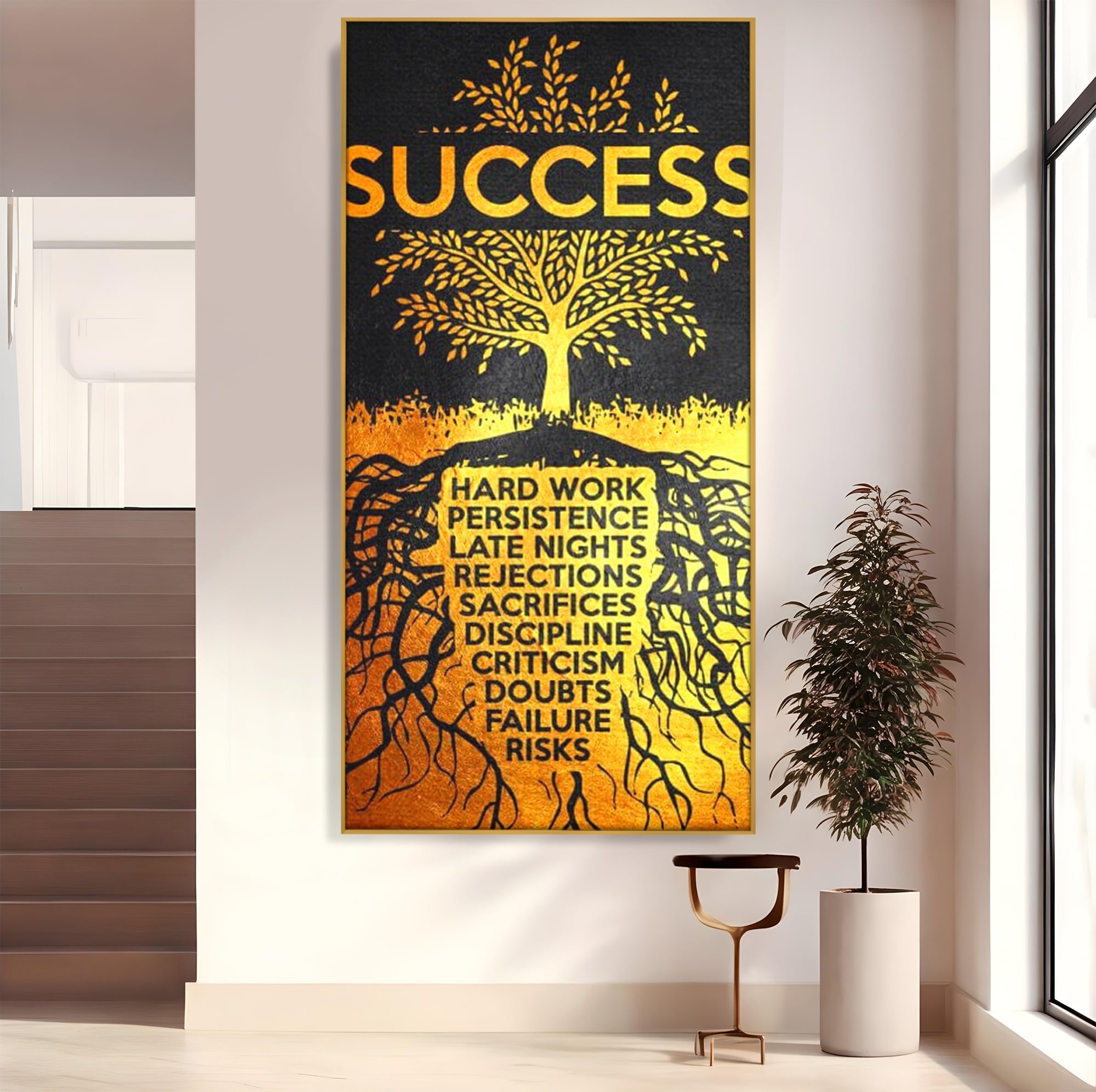 Tablou canvas cu tablou motivational cu arborele succesului, in rama de aluminiu auriu